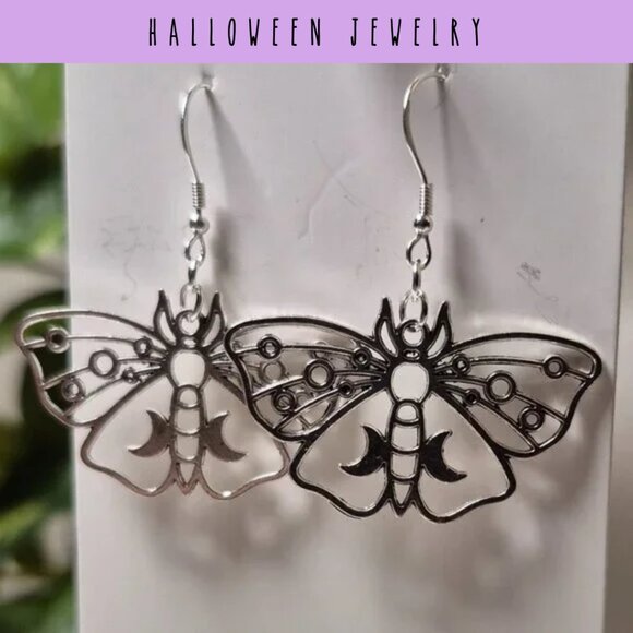 Merfolk Creations Jewelry - Handmade Silver Moon Butterfly Charm Earrings
